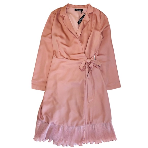 Dresses & Skirts - Mauve Pink Long Sleeve Ruffle Hem Belted Wrap MIDI Dress